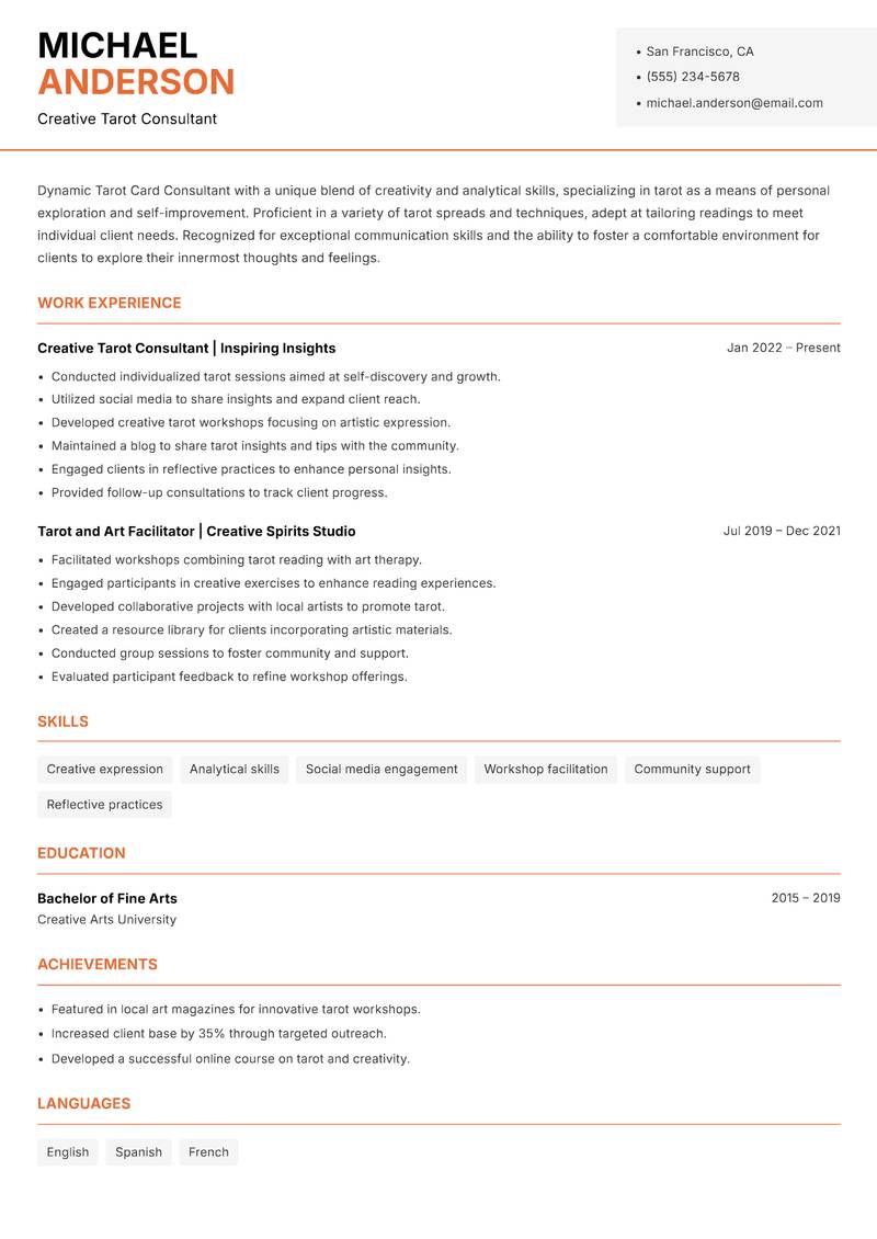 Tarot Card Consultant resume sample — Creative Tarot Consultant focus