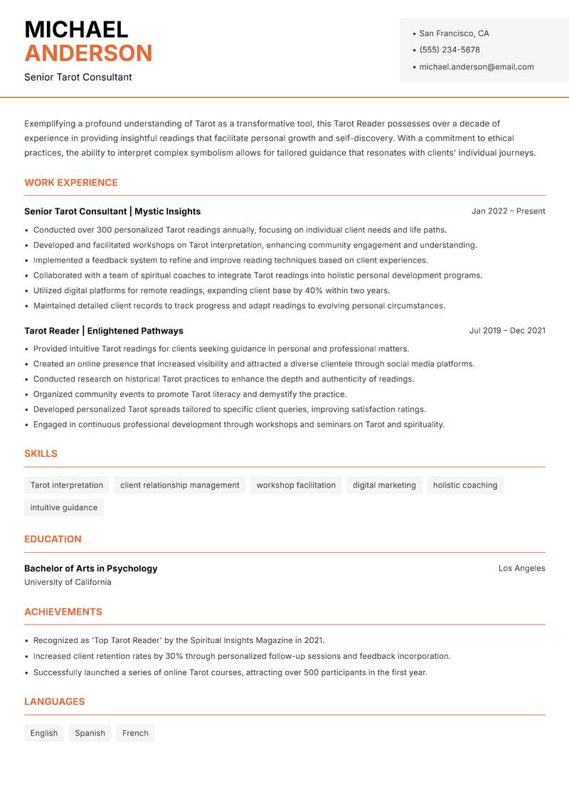 Tarot Reader resume sample — Senior Tarot Consultant focus