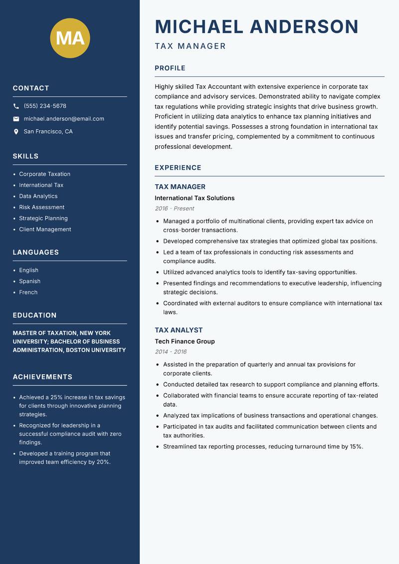 Tax Accountant resume sample — Tax Manager focus