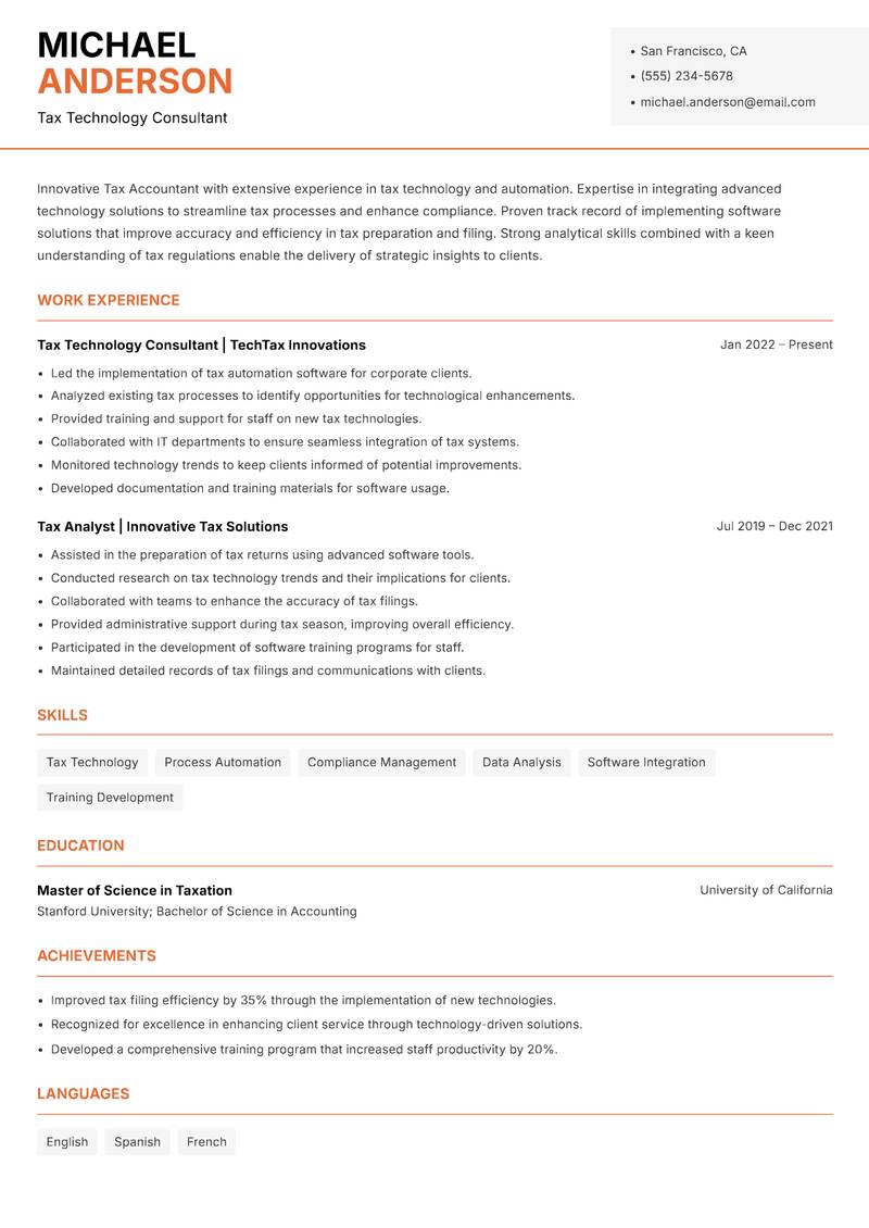 Tax Accountant resume sample — Tax Technology Consultant focus