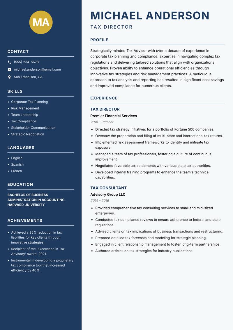 Tax Advisor resume sample — Tax Director focus