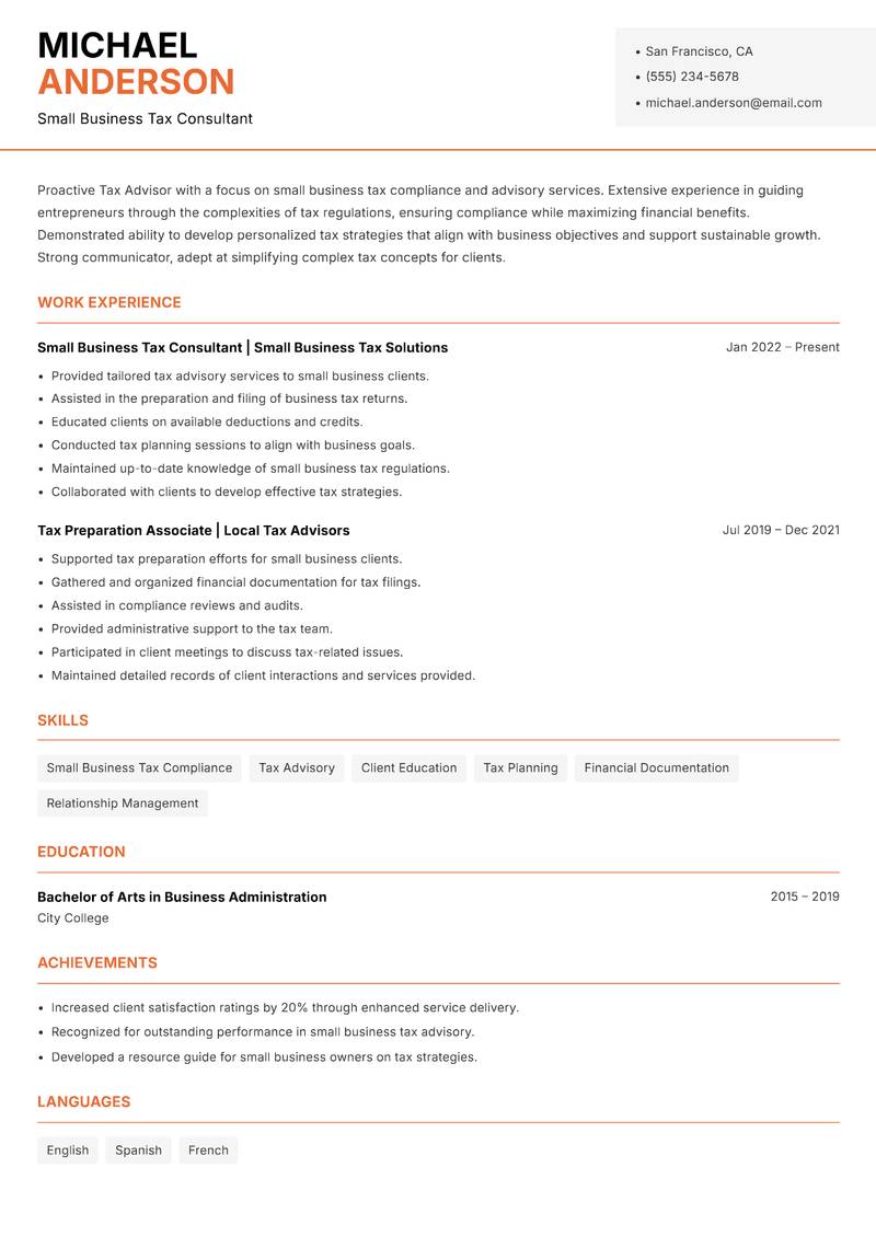 Tax Advisor resume sample — Small Business Tax Consultant focus