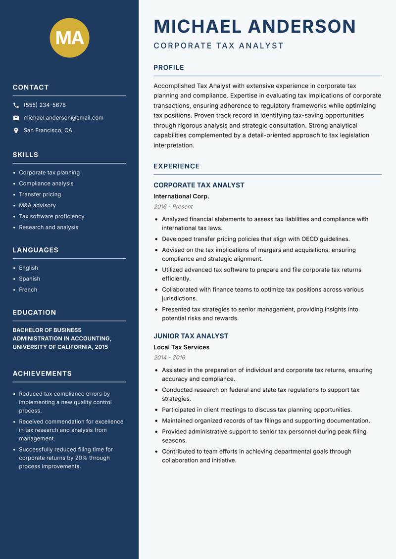 Tax Analyst resume sample — Corporate Tax Analyst focus