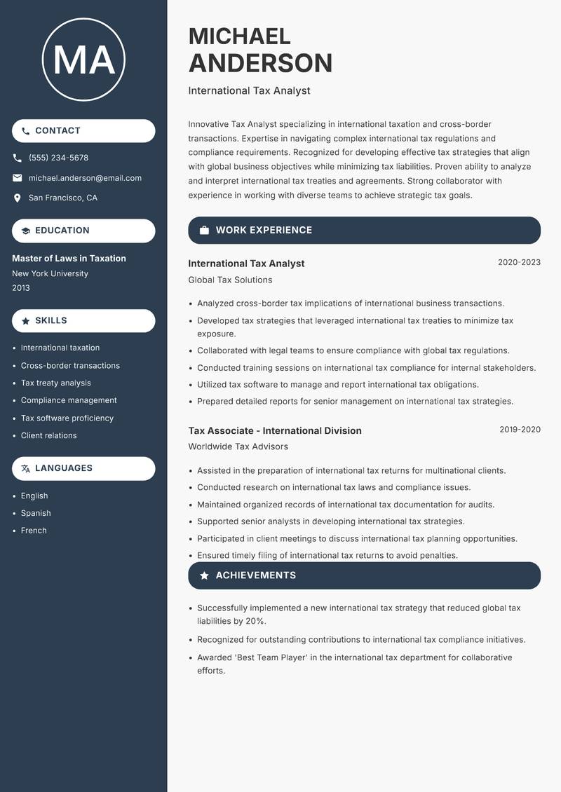 Tax Analyst resume sample — International Tax Analyst focus