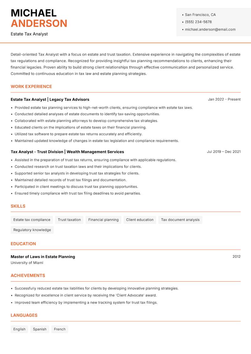 Tax Analyst resume sample — Estate Tax Analyst focus