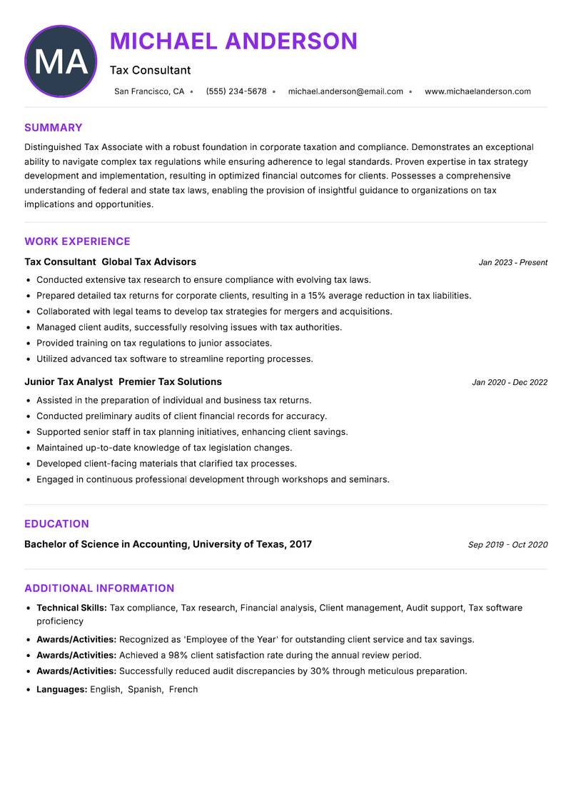 Tax Associate resume example