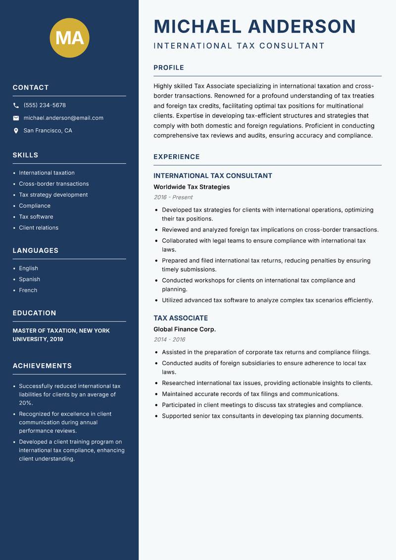 Tax Associate resume sample — International Tax Consultant focus