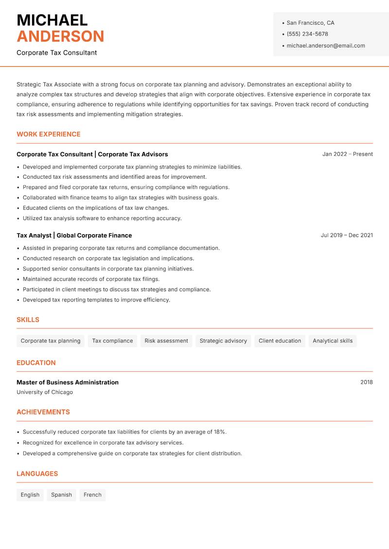 Tax Associate resume sample — Corporate Tax Consultant focus