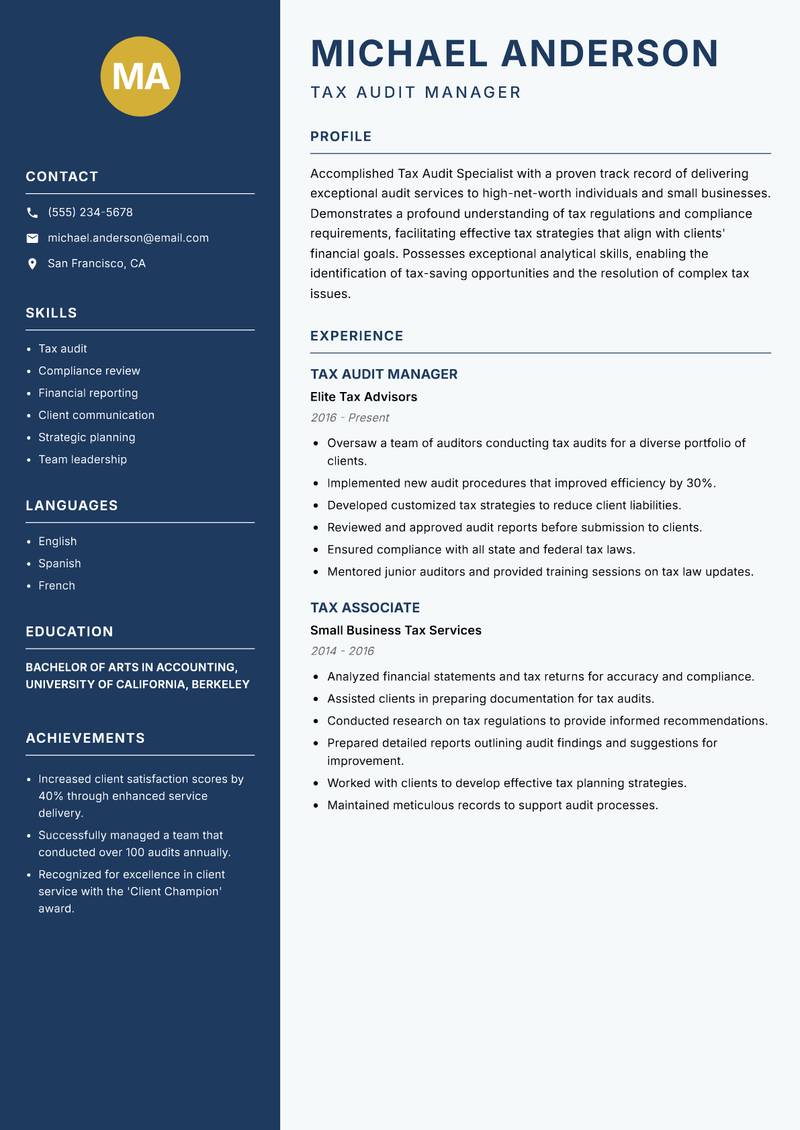 Tax Audit Specialist resume sample — Tax Audit Manager focus
