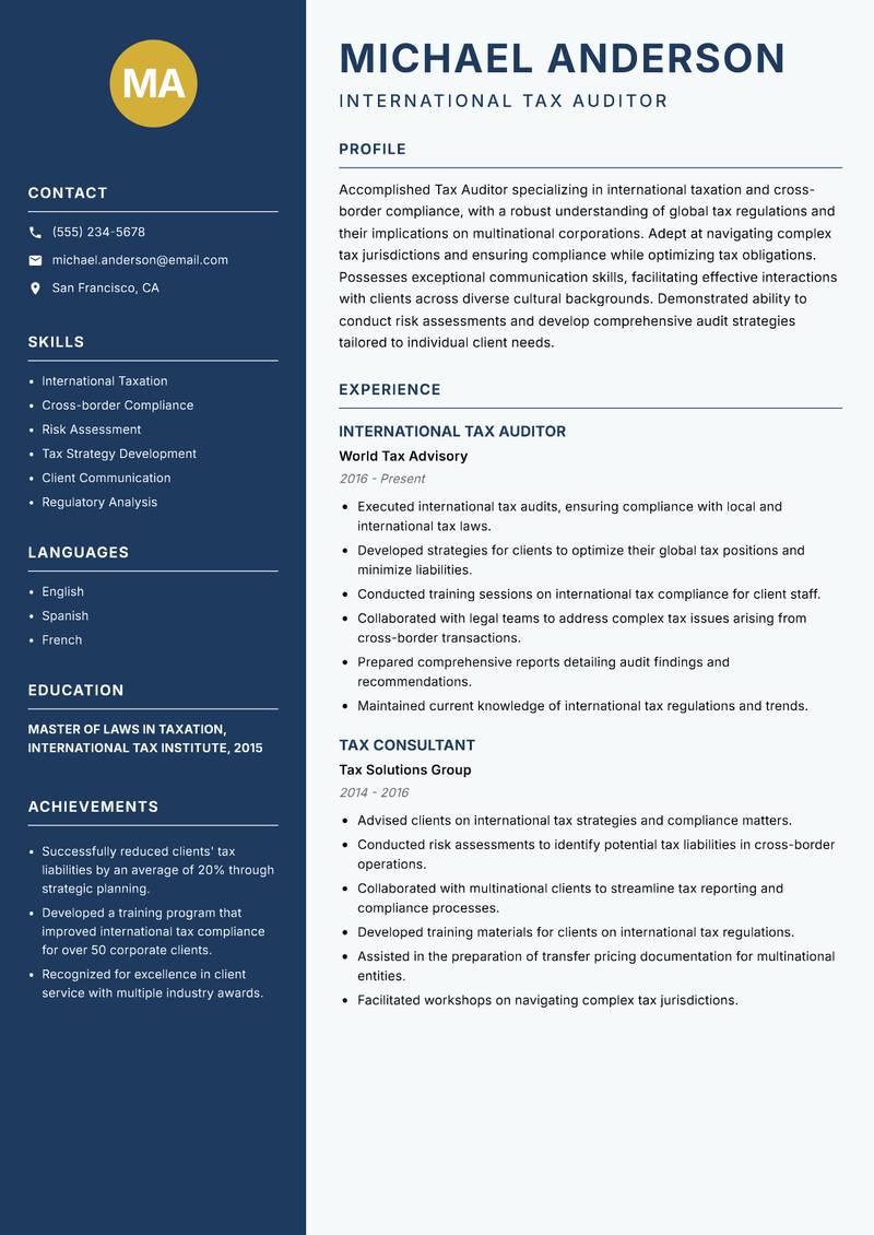 Tax Auditor resume sample — International Tax Auditor focus