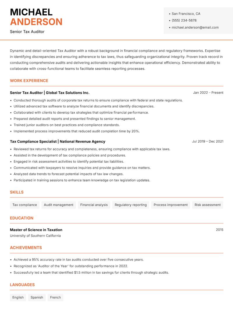Tax Auditor resume sample — Senior Tax Auditor focus