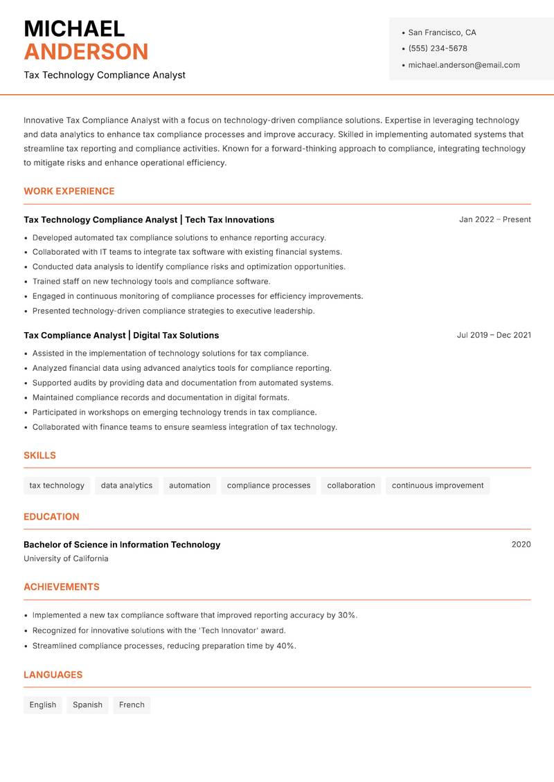 Tax Compliance Analyst resume sample — Tax Technology Compliance Analyst focus