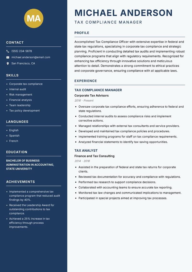 Tax Compliance Officer resume sample — Tax Compliance Manager focus