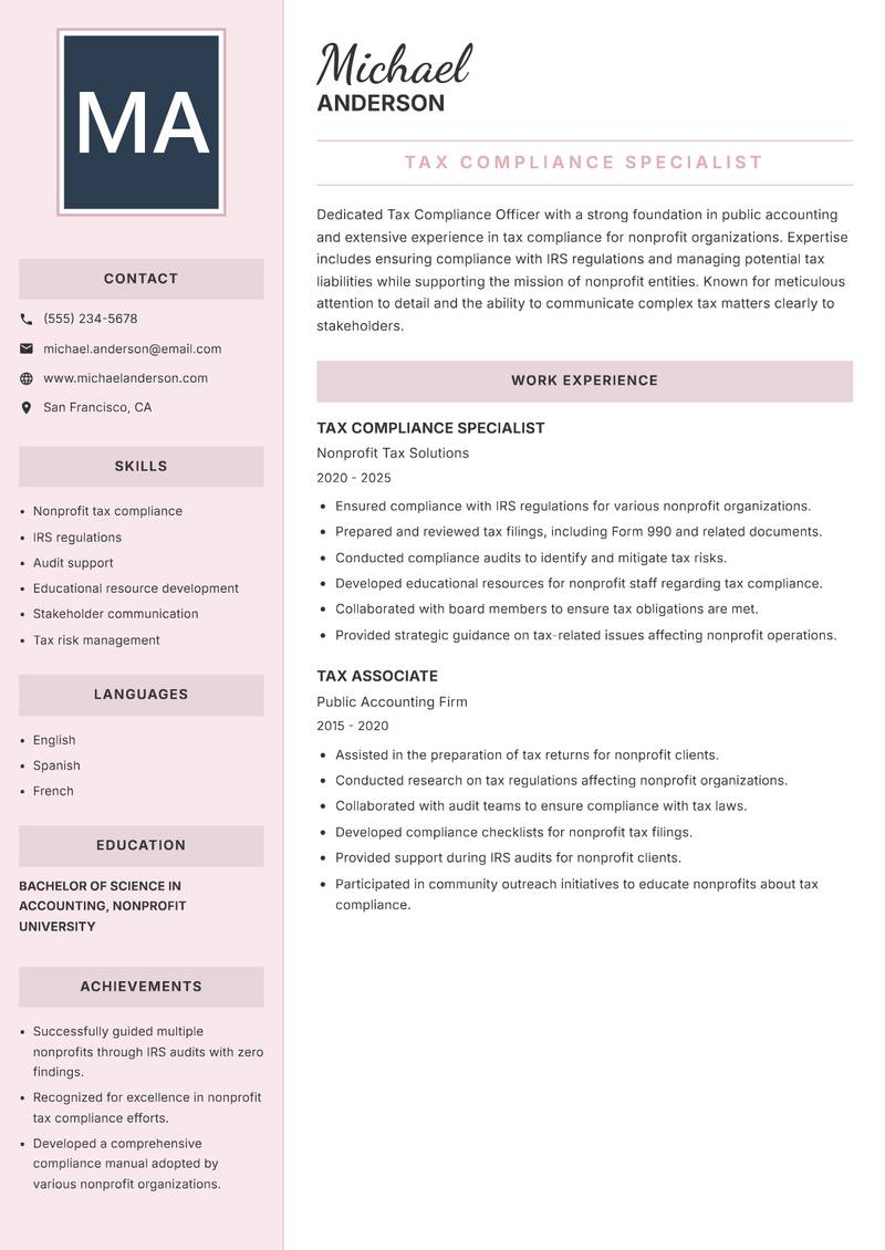 Tax Compliance Officer resume sample — Tax Compliance Specialist focus