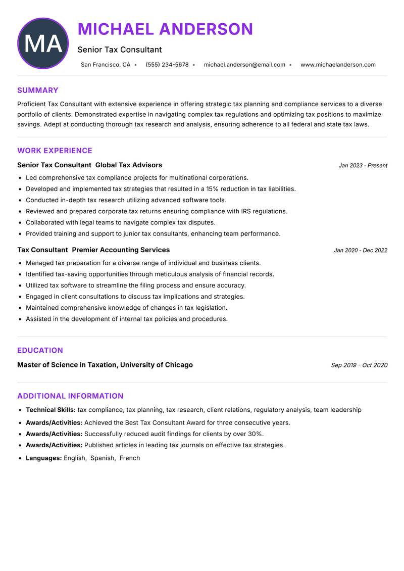 Tax Consultant resume example