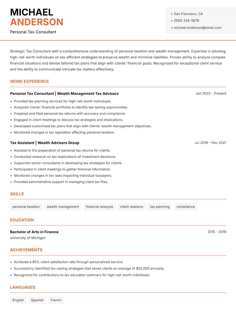Tax Consultant resume sample — Personal Tax Consultant focus