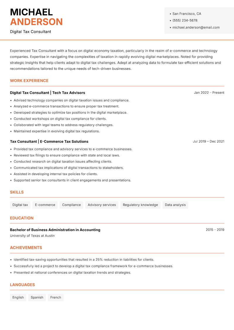 Tax Consultant Strategy resume sample — Digital Tax Consultant focus
