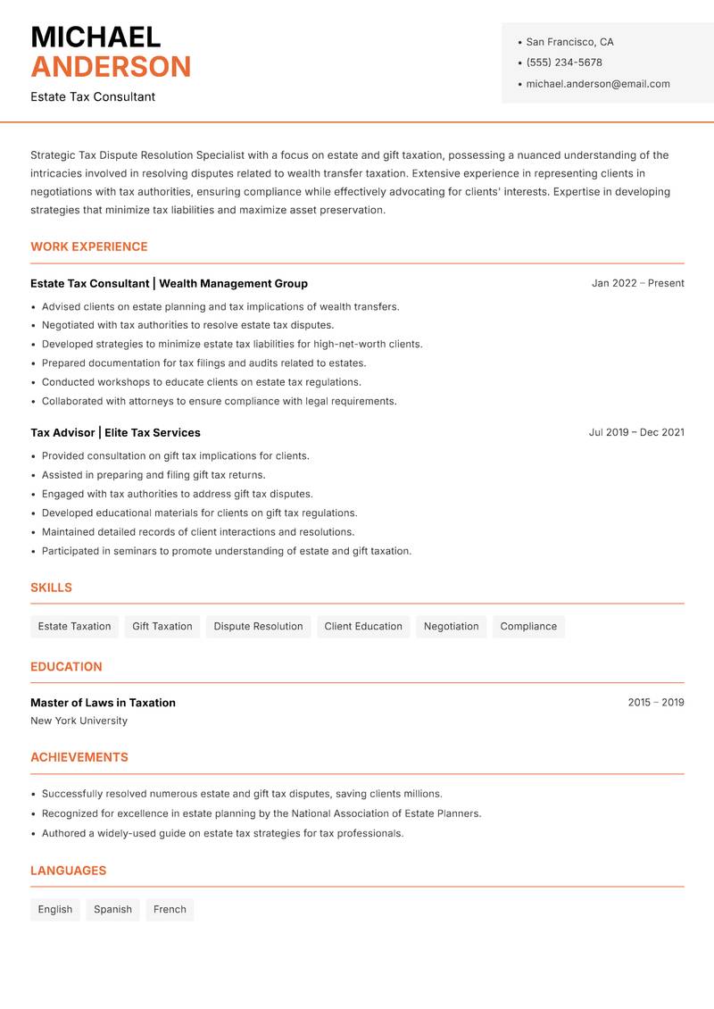 Tax Dispute Resolution Specialist resume sample — Estate Tax Consultant focus