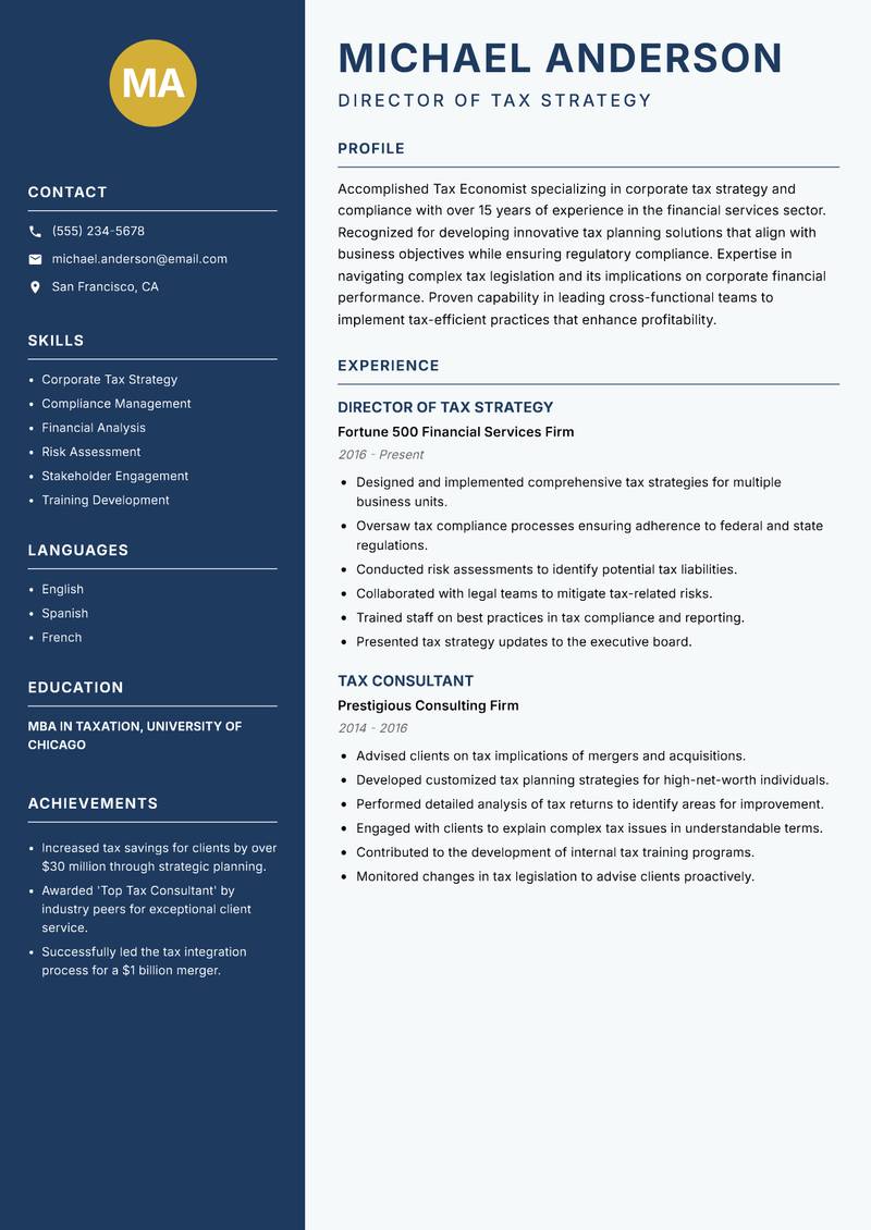 Tax Economist resume sample — Director of Tax Strategy focus