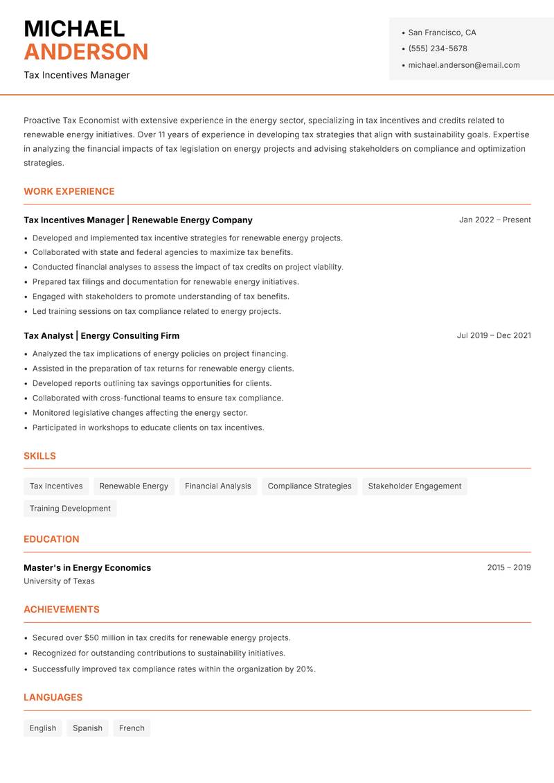 Tax Economist resume sample — Tax Incentives Manager focus