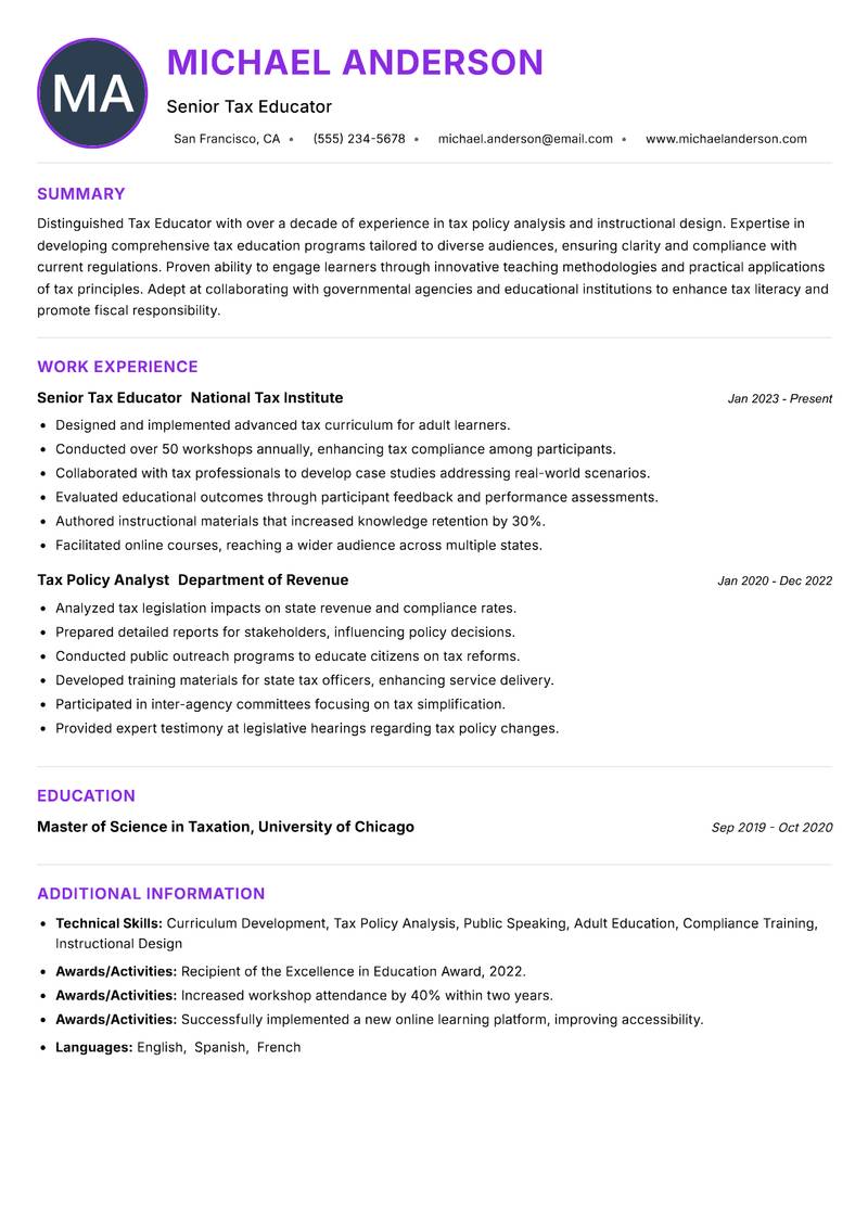 Tax Educator resume example