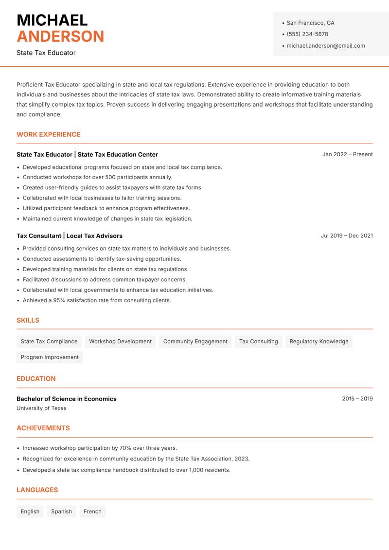 Tax Educator resume sample — State Tax Educator focus