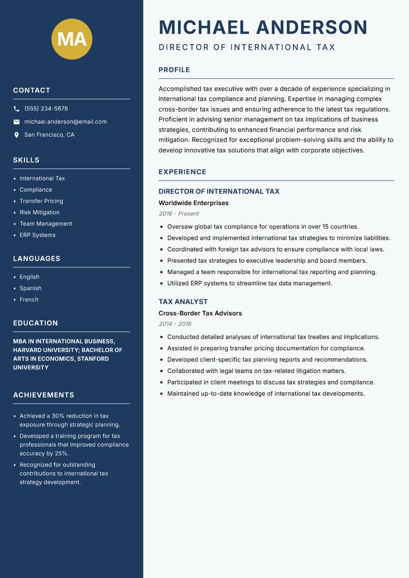 Tax Executive resume sample — Director of International Tax focus