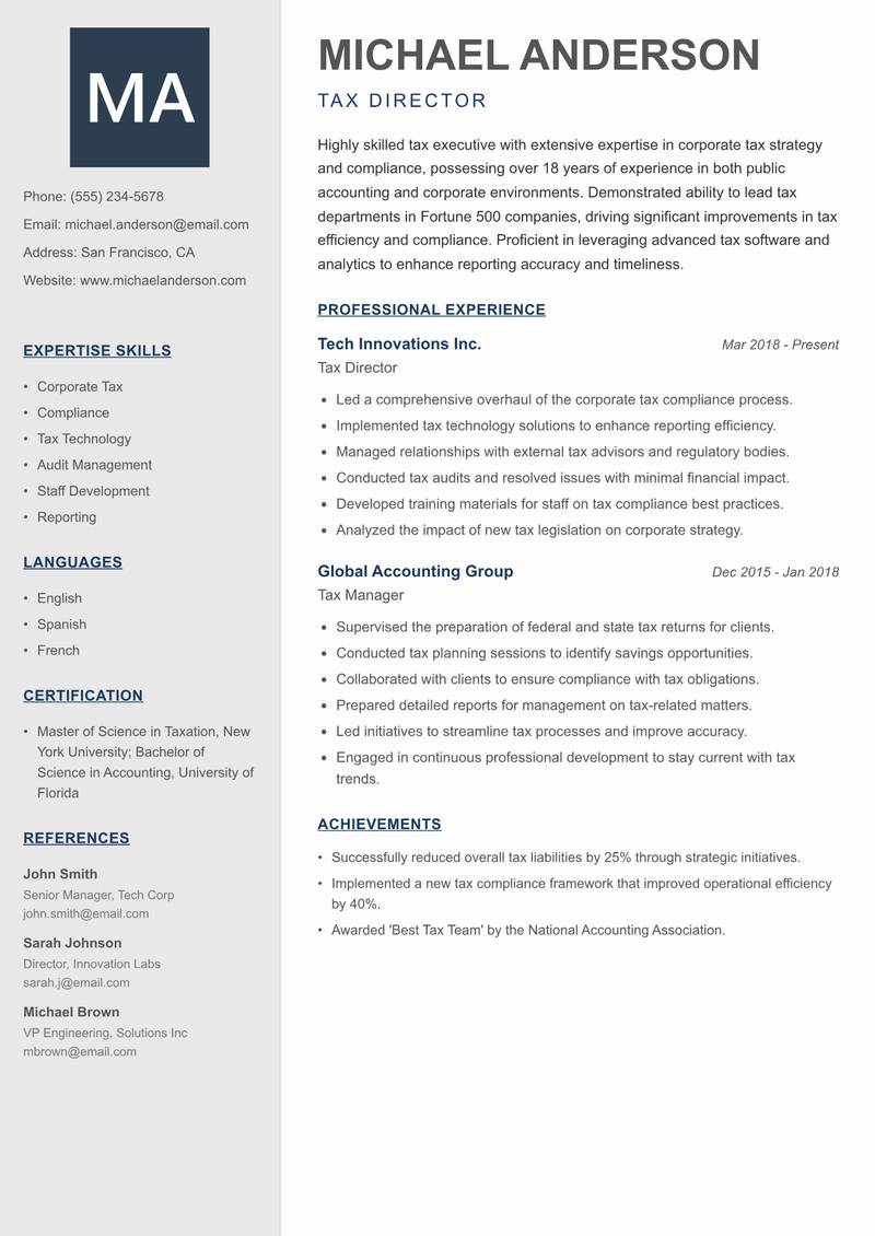 Tax Executive resume sample — Tax Director focus