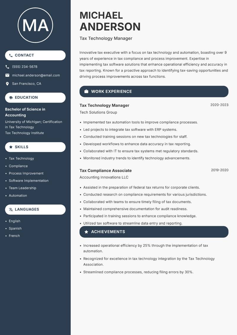 Tax Executive resume sample — Tax Technology Manager focus