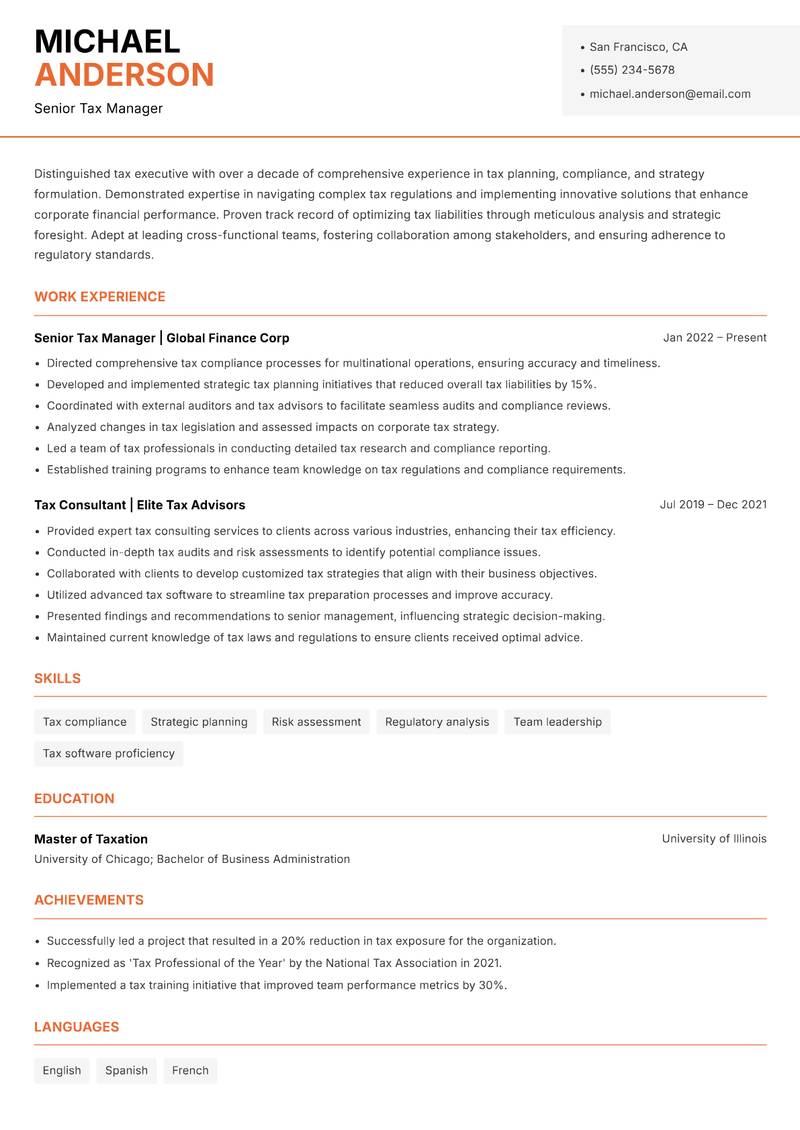 Tax Executive resume sample — Senior Tax Manager focus