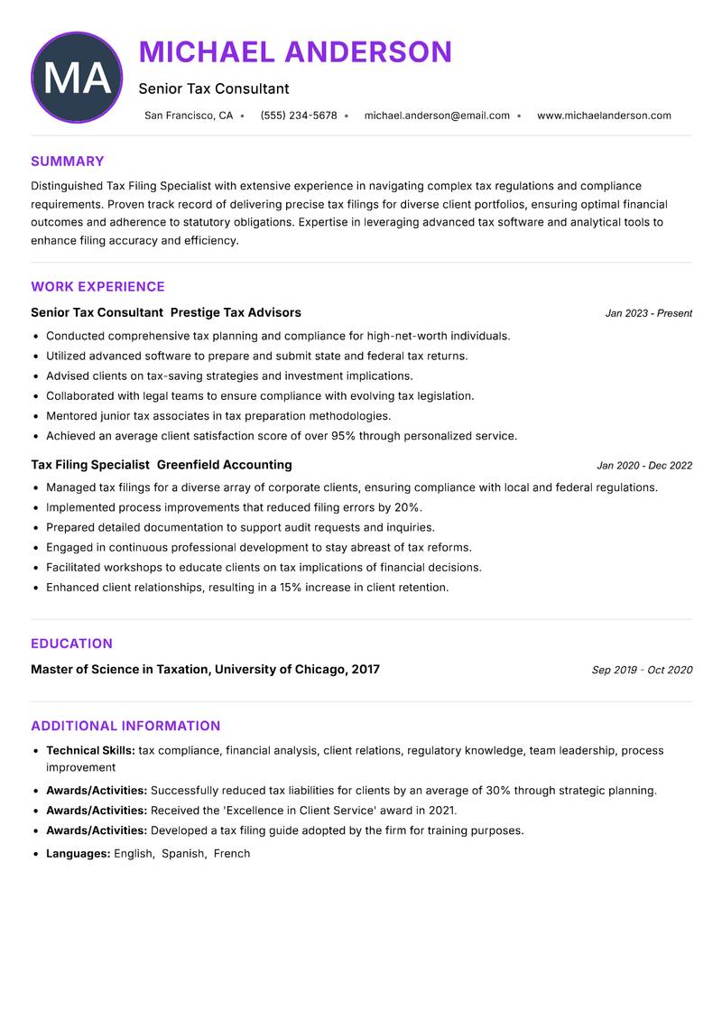 Tax Filing Specialist resume example