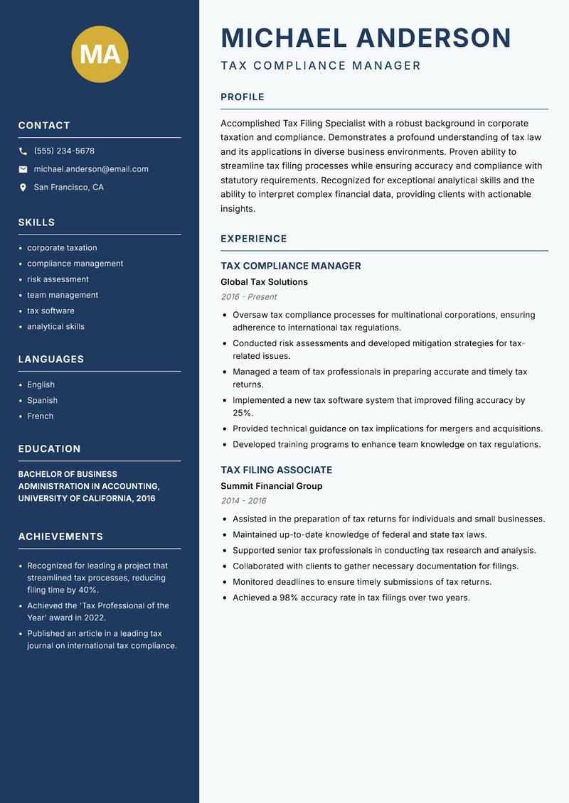 Tax Filing Specialist resume sample — Tax Compliance Manager focus