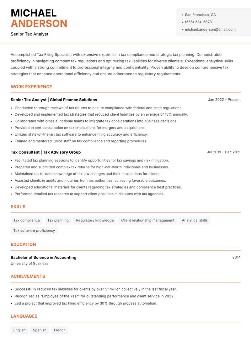 Tax Filing Specialist resume sample — Senior Tax Analyst focus