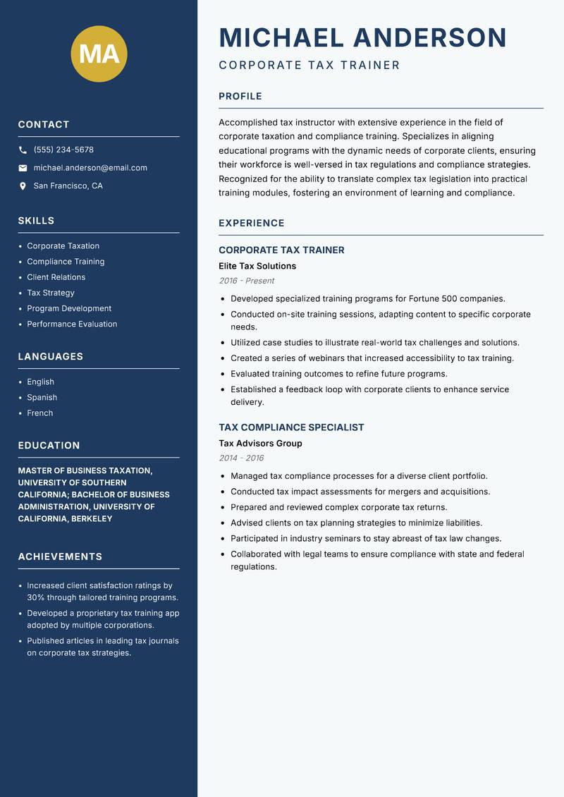 Tax Instructor resume sample — Corporate Tax Trainer focus