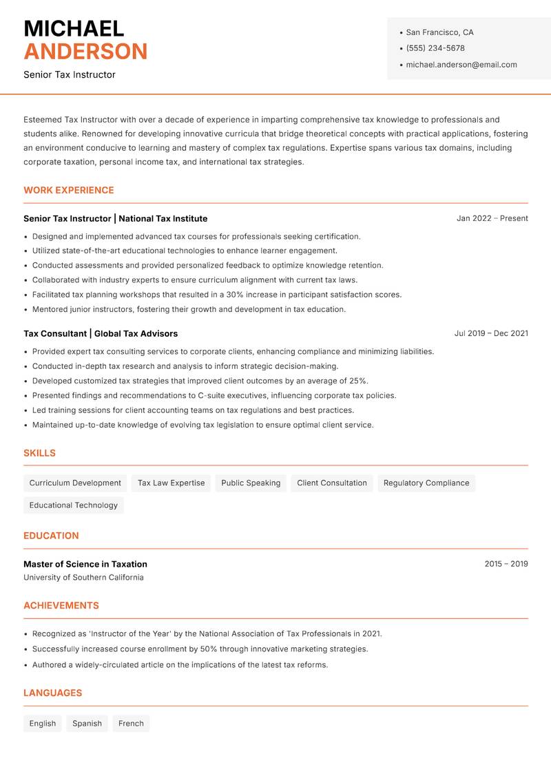 Tax Instructor resume sample — Senior Tax Instructor focus