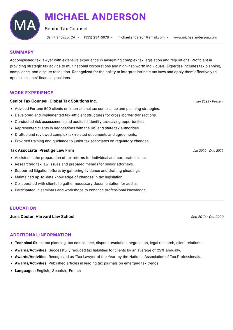 Tax Lawyer resume example