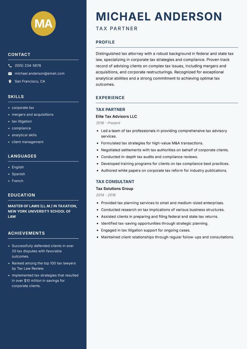 Tax Lawyer resume sample — Tax Partner focus
