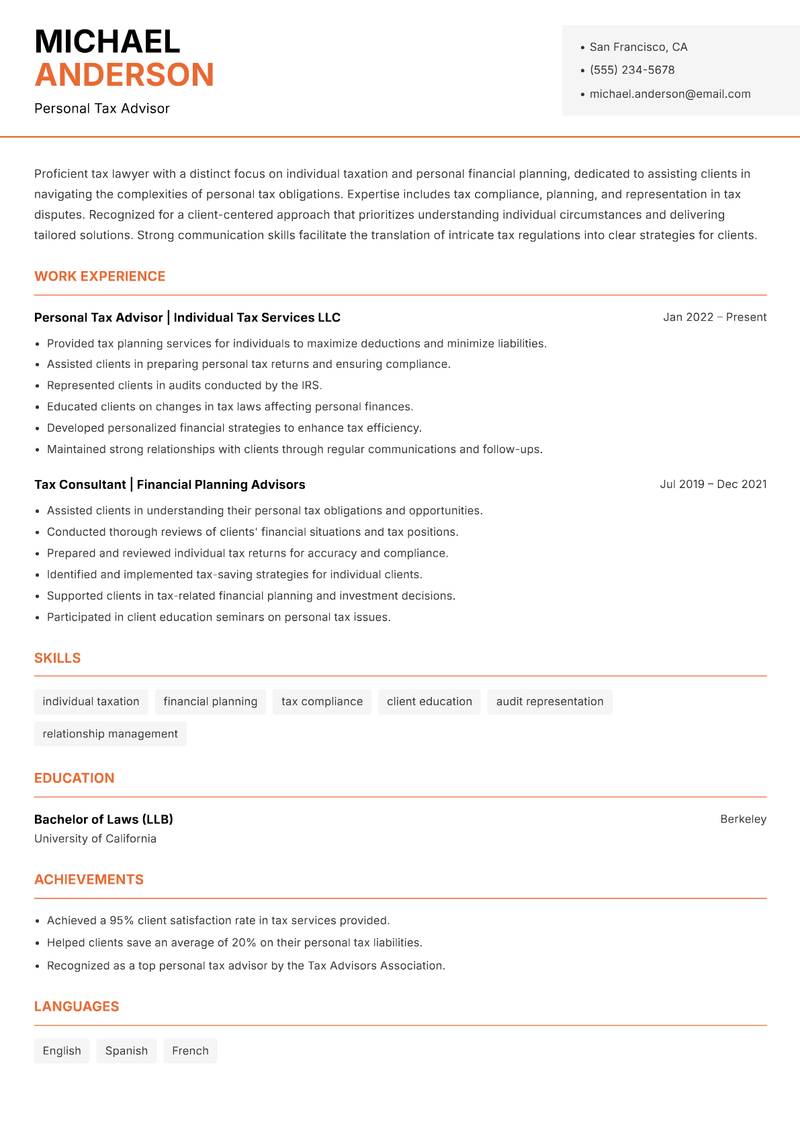 Tax Lawyer resume sample — Personal Tax Advisor focus