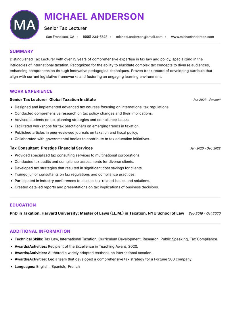 Tax Lecturer resume example