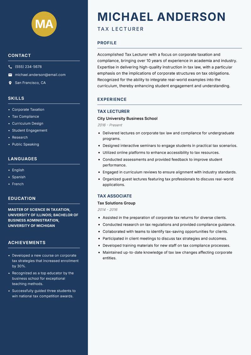 Tax Lecturer resume sample — Tax Lecturer focus