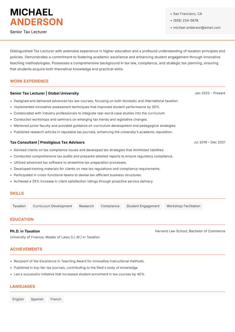 Tax Lecturer resume sample — Senior Tax Lecturer focus