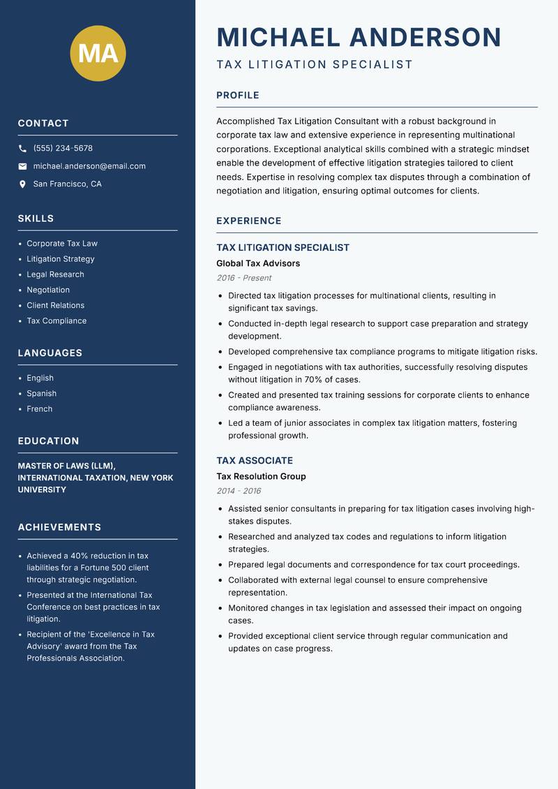 Tax Litigation Consultant resume sample — Tax Litigation Specialist focus