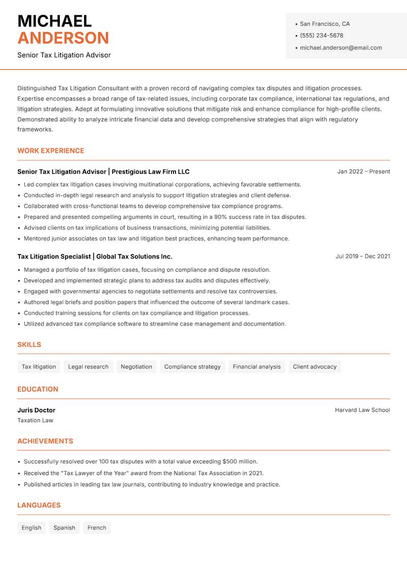 Tax Litigation Consultant resume sample — Senior Tax Litigation Advisor focus