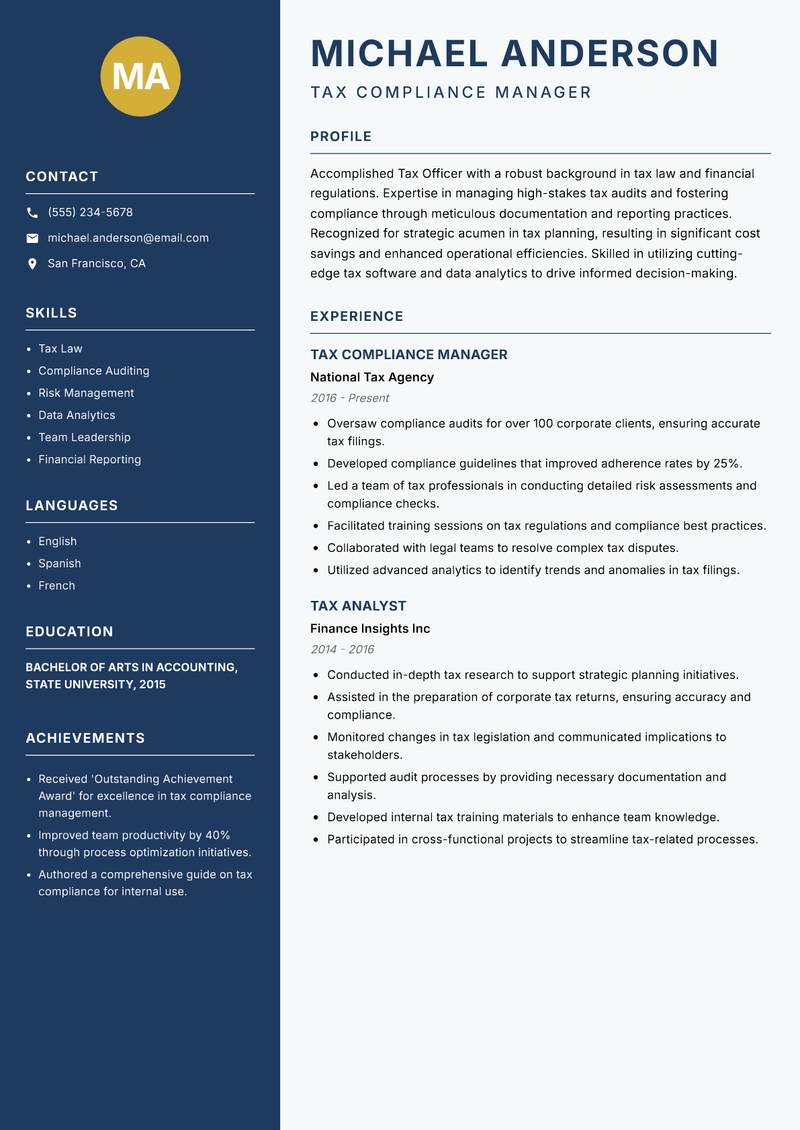Tax Officer resume sample — Tax Compliance Manager focus