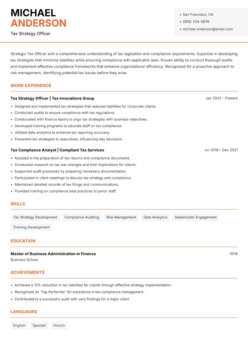 Tax Officer resume sample — Tax Strategy Officer focus