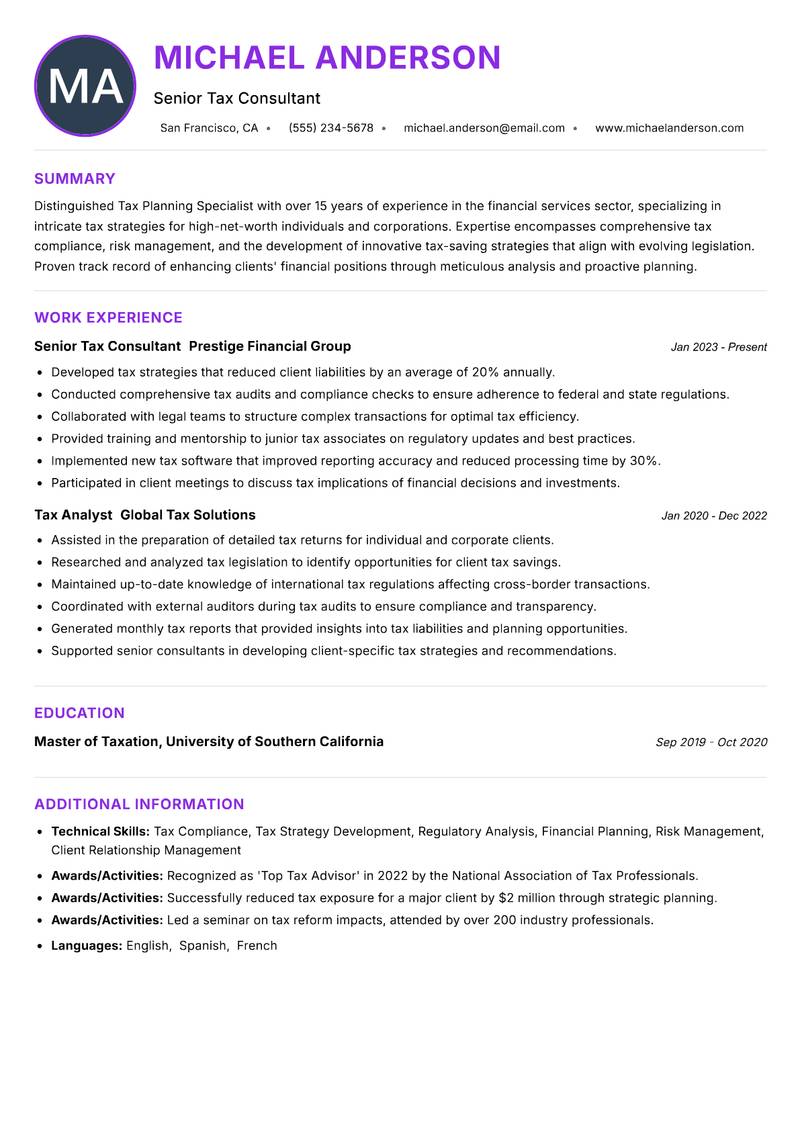 Tax Planning Specialist resume example