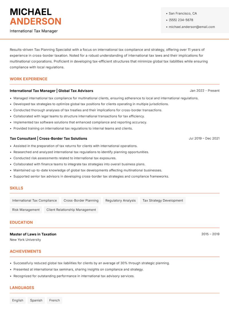Tax Planning Specialist resume sample — International Tax Manager focus