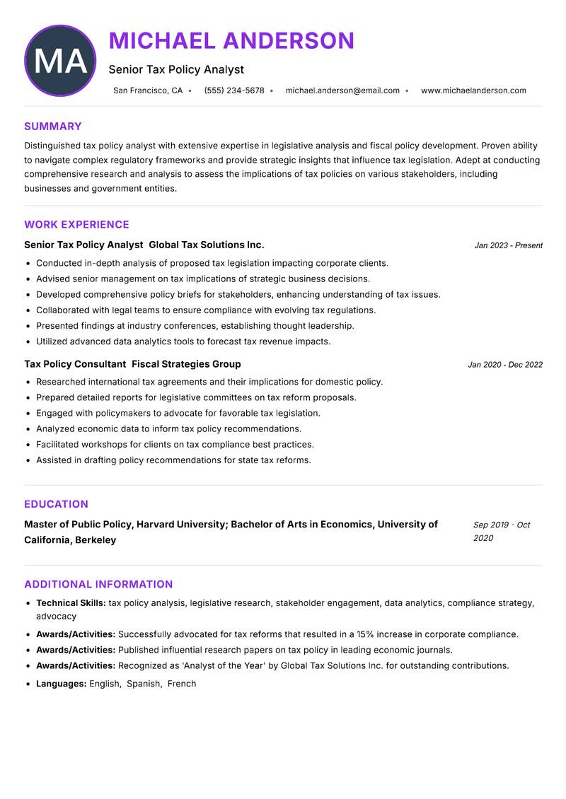 Tax Policy Analyst resume example