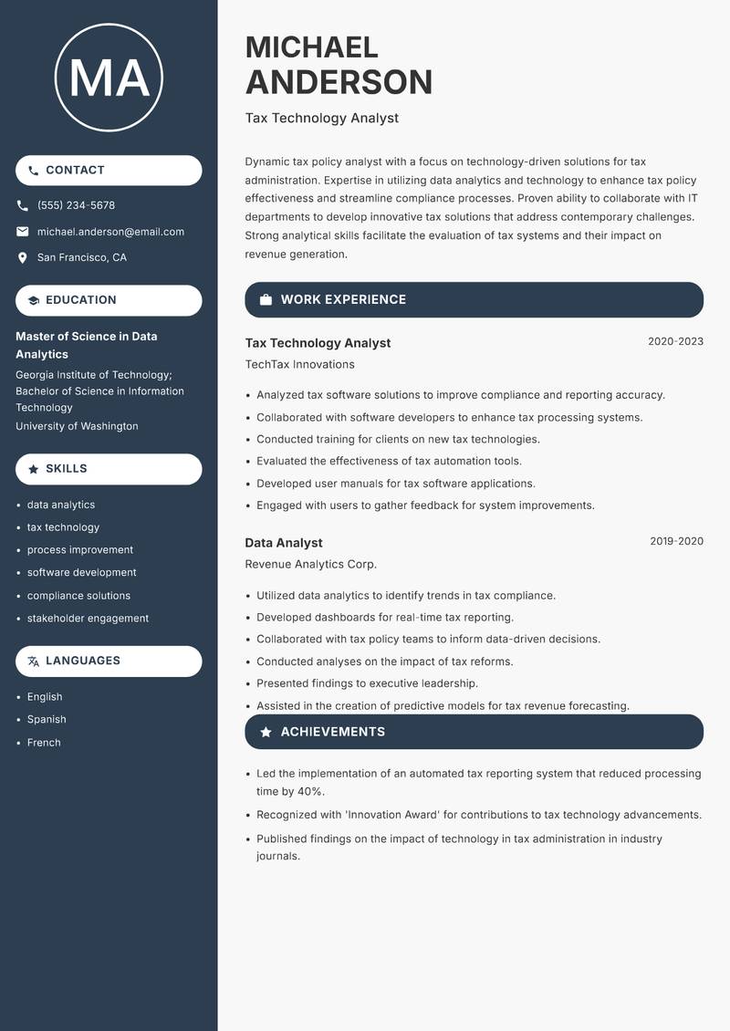 Tax Policy Analyst resume sample — Tax Technology Analyst focus