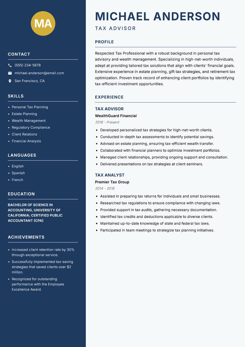 Tax Professional resume sample — Tax Advisor focus